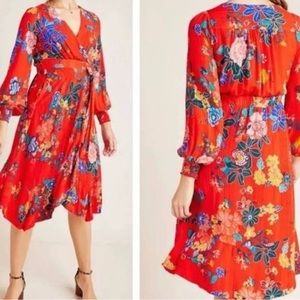 Anthropologie Boswell Textured Wrap Tunic Dress Size 12 Flower Red